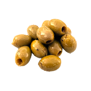 Frische marinierte grüne Oliven ohne Kern mit Knoblauch und Oregano